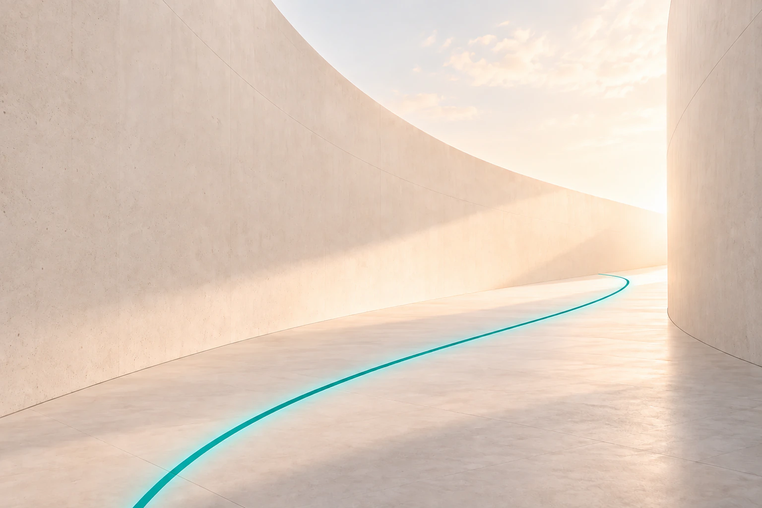 A warm architectural passage guided by a subtle teal path toward the light